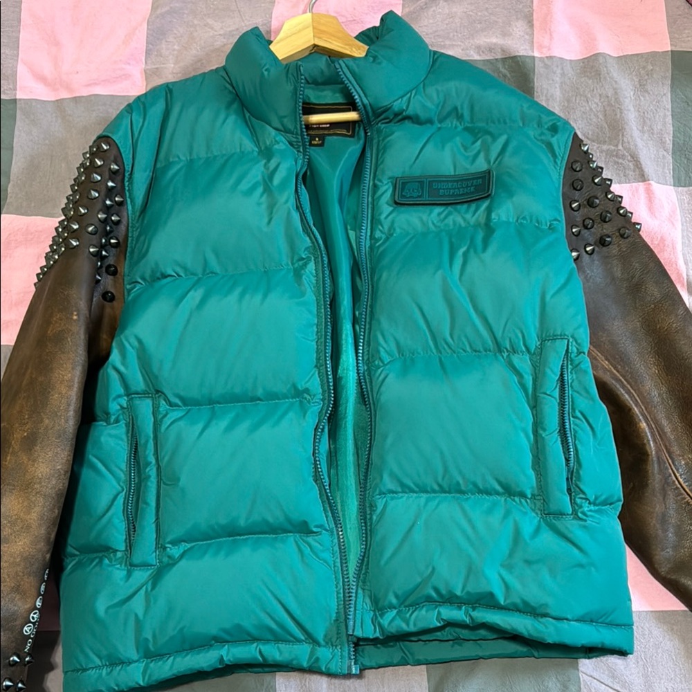 Supreme Teal Puffer Jacket with Brown Leather Sleeves